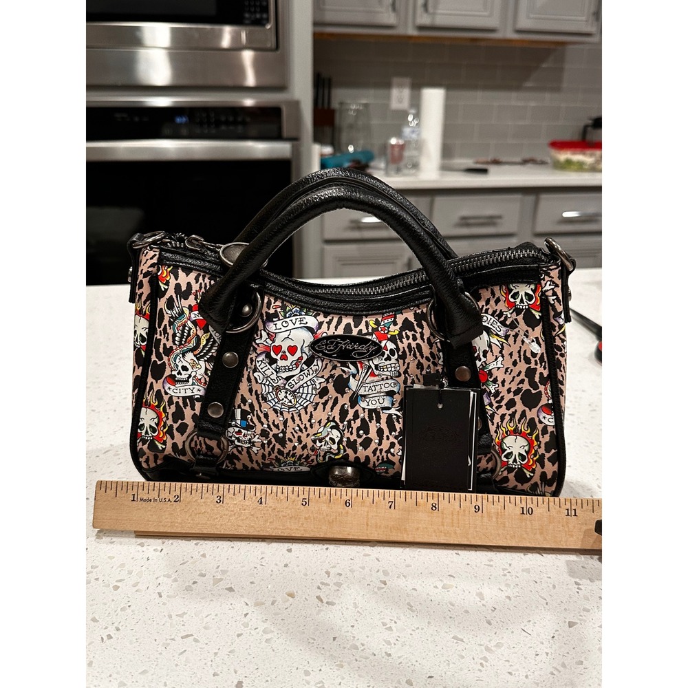 Ed Hardy Leopard Tattoo Print Rhinestone Satchel Bag NWT Skull Bling Y2K Small - Picture 4 of 9